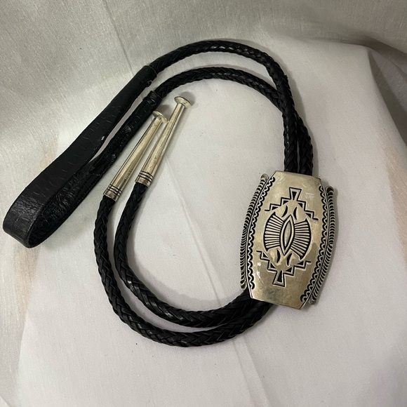 SJB StevenJBegay Sterling Bolo Tie on Black Braided Leather W/Tips Native Americ